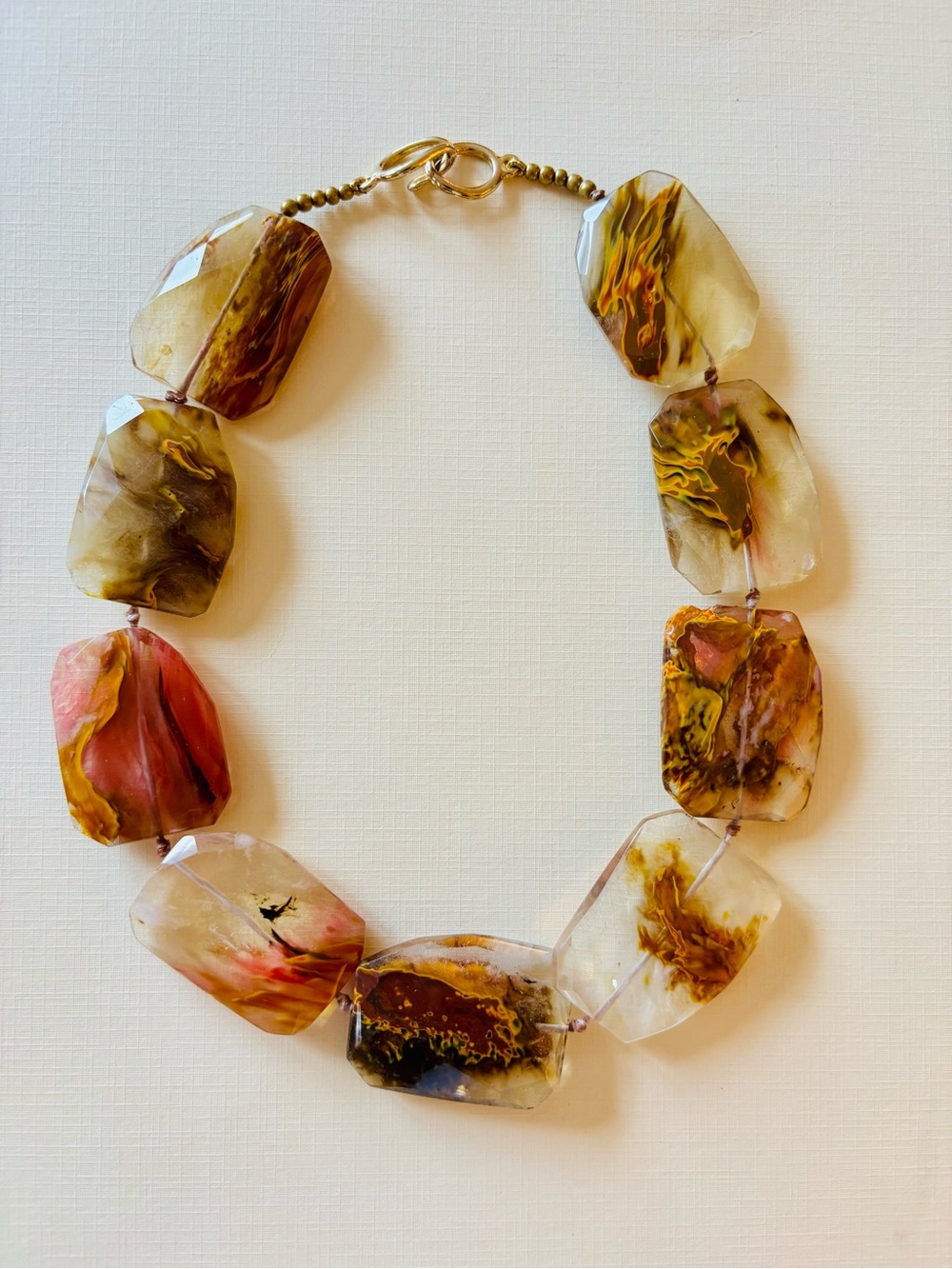 FIRE QUARTZ Statement Necklace 9 Faceted Hematite Crystals Gold Tone Clasp 18"